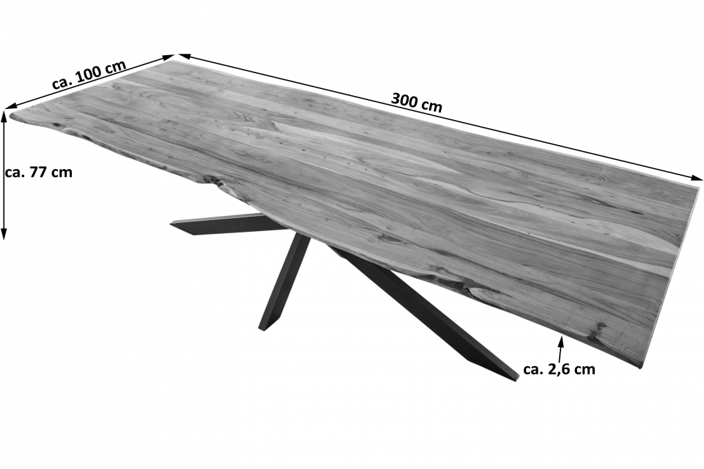 Esstisch Baumkante massiv Akazie natur 300 x 100 cm Spider-Gestell schwarz Kalea itemprop=