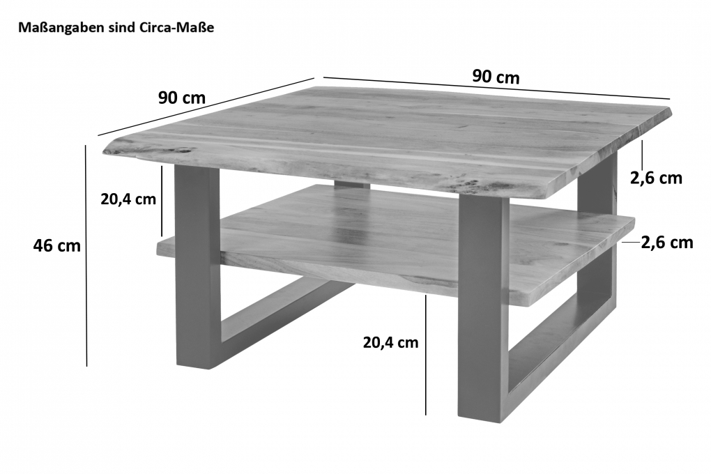 Couchtisch Baumkante 90 x 90 cm Akazie massiv + naturfarben schwarz PATRICK itemprop=