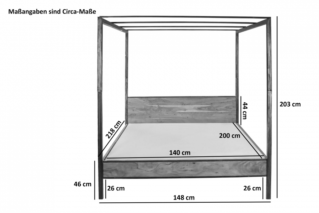 Himmelbett 140 x 200 cm Akazienholzbett stone inkl. Eisenhimmel und Vorhang ROMY itemprop=
