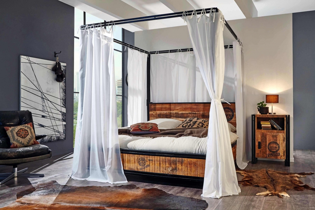 Himmelbett 140x200 cm Mangoholzbett natur inkl. Vorhang Ira itemprop=