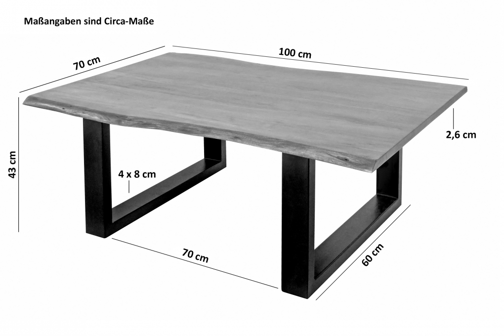 Couchtisch Baumkante massiv Akazie Nussbaum 100 x 70 cm U-Gestell schwarz INSA itemprop=