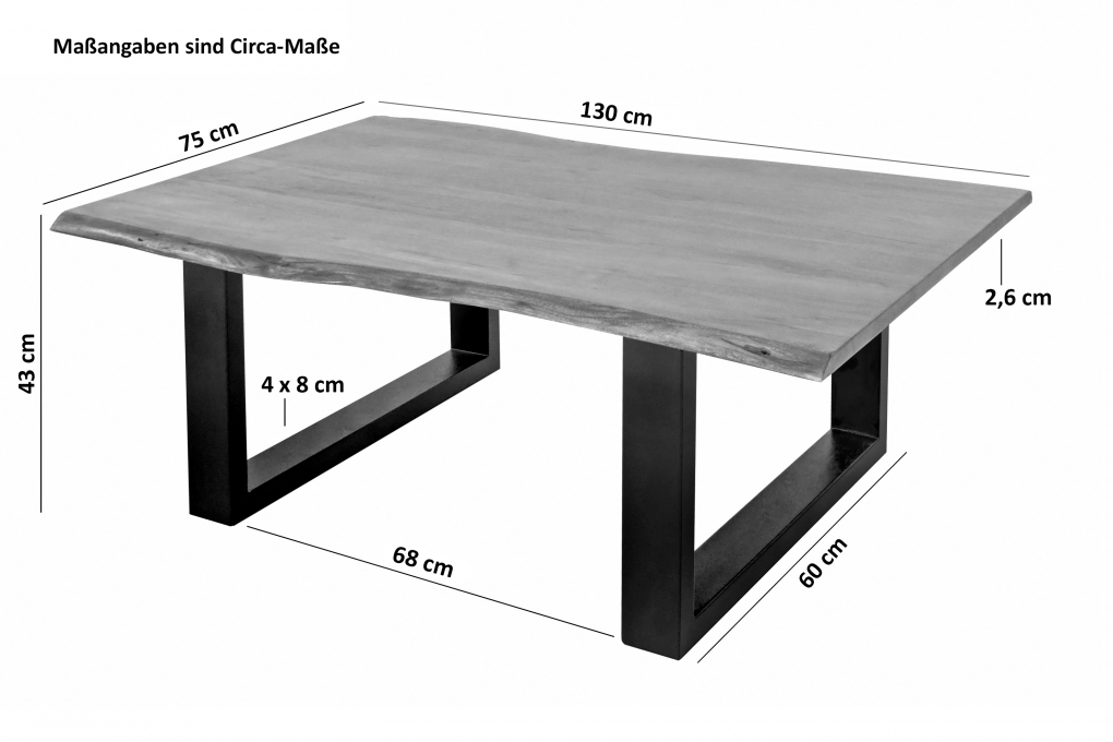 Couchtisch Baumkante massiv Akazie Nussbaum 130 x 75 cm U-Gestell schwarz INSA itemprop=