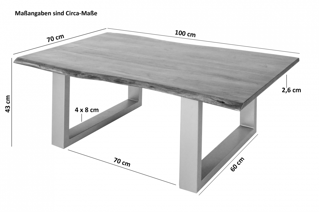 Couchtisch Baumkante massiv Akazie Nussbaum 100 x 70 cm U-Gestell silber INSA itemprop=