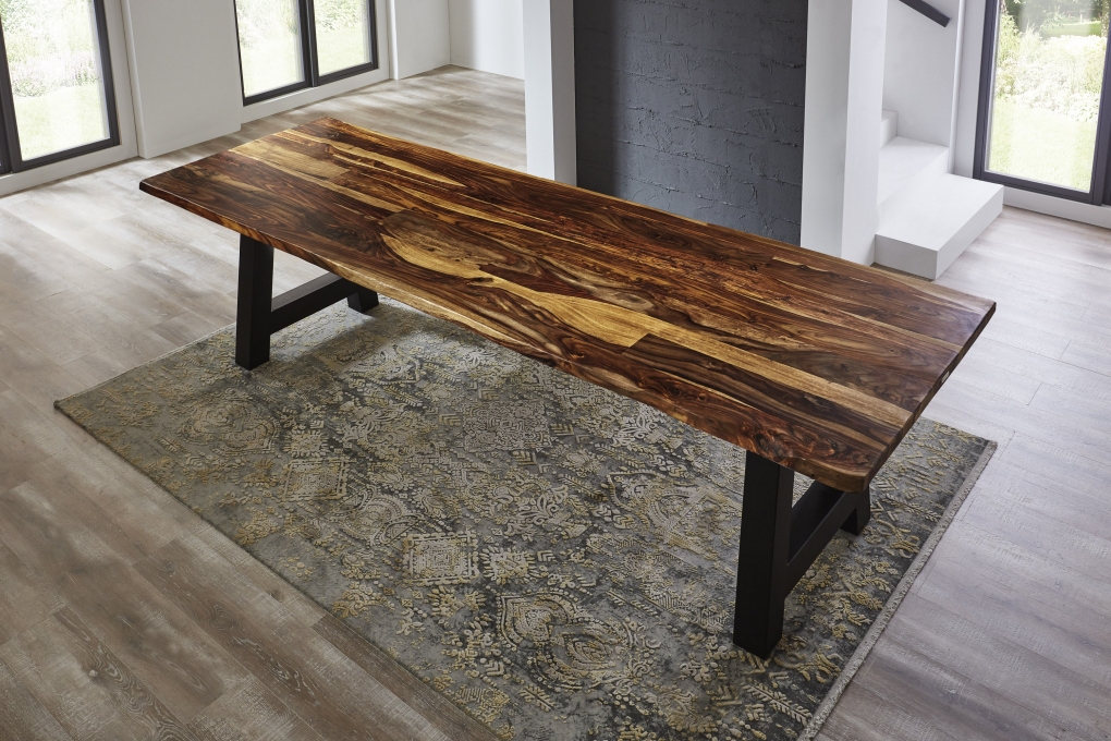 Baumkante Esstisch Sheesham shinafarben  280x100 A-Gestell schwarz Lotti itemprop=