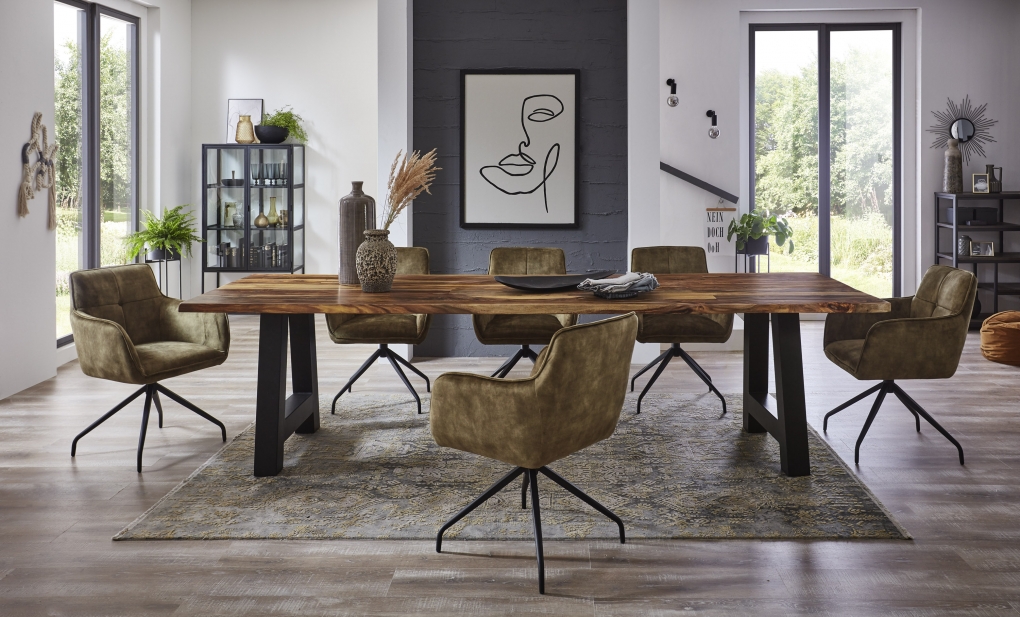 Baumkante Esstisch Sheesham shinafarben  280x100 A-Gestell schwarz Lotti itemprop=