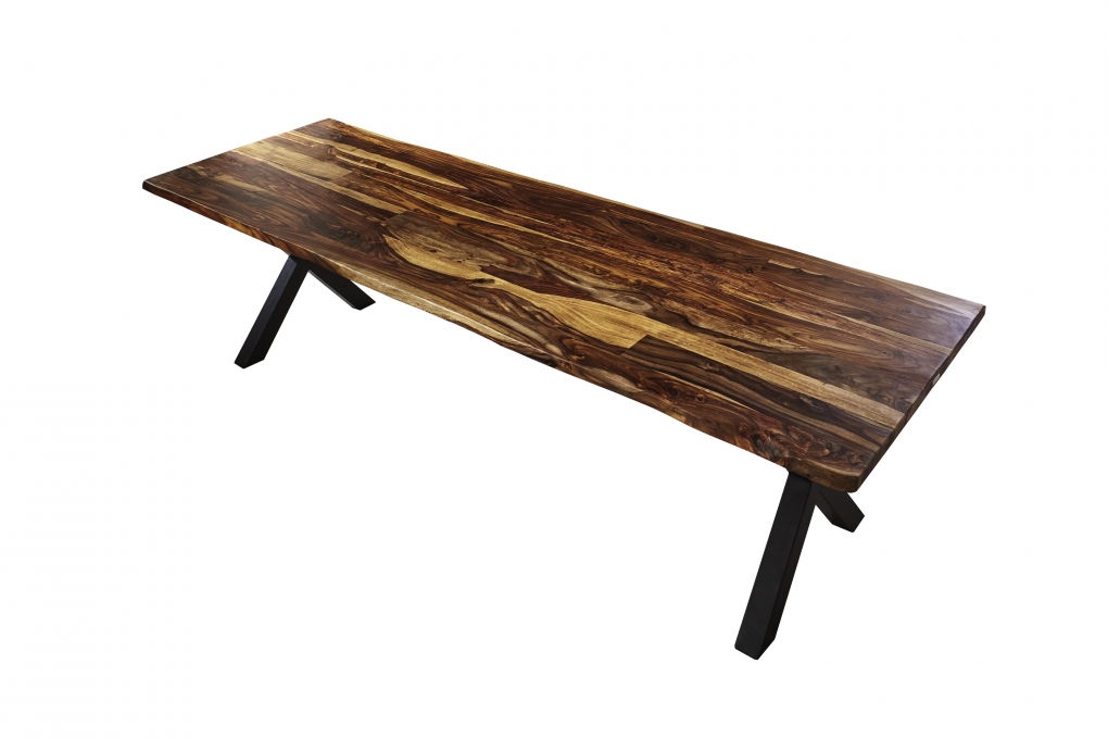 Baumkante Esstisch Sheesham shinafarben  280x100 X-Gestell schwarz Lotti itemprop=