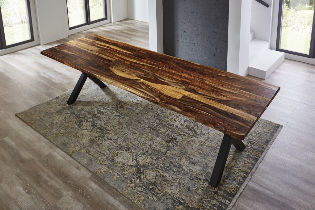 Baumkante Esstisch Sheesham shinafarben  280x100 X-Gestell schwarz Lotti itemprop=