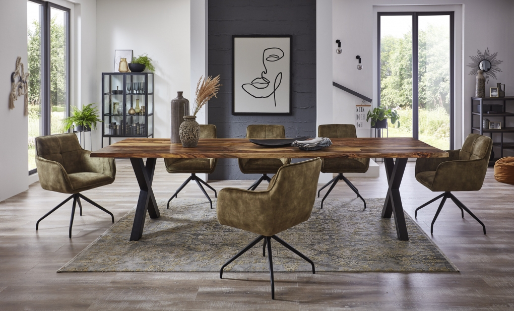 Baumkante Esstisch Sheesham shinafarben  300x100 X-Gestell schwarz Lotti itemprop=