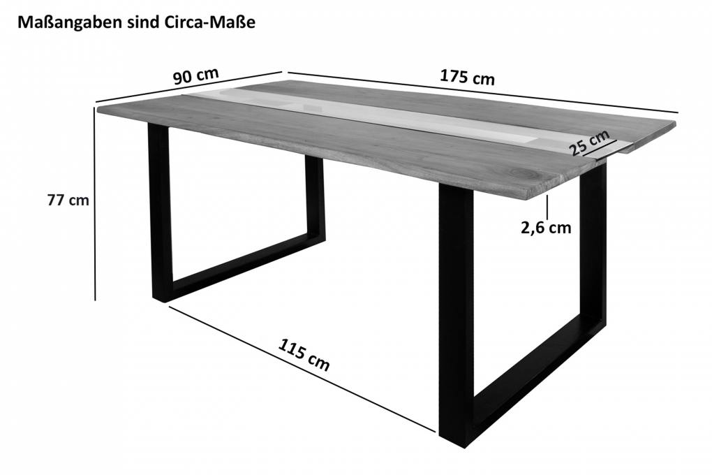 Esstisch Baumkante mit Glaseinsatz 175 x 90 cm Akazie stone U-Gestell schwarz KLAUS itemprop=