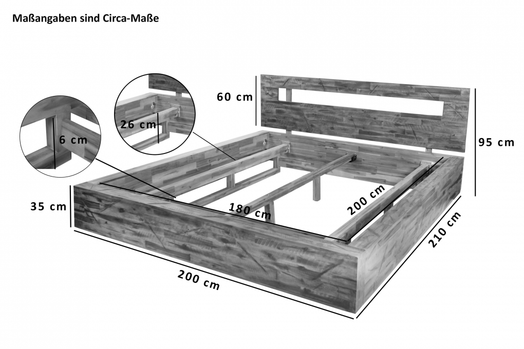 Echtholzbett Massivholzbett 180 x 200 cm Akazie natur MARTON itemprop=