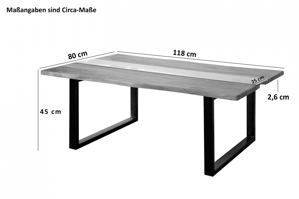 Couchtisch Baumkante mit Glaseinsatz 118 x 80 cm Akazie massiv nougatfarben U-Gestell schwarz FRANCO itemprop=