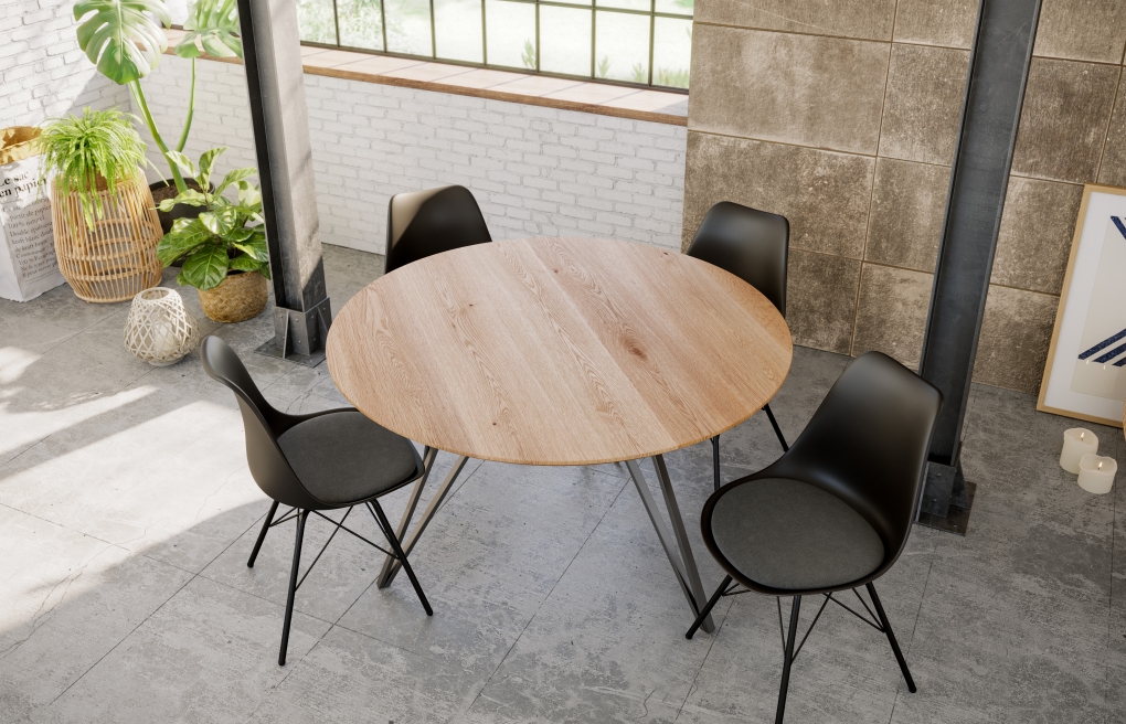  Runder Esszimmertisch massiv Eiche Schweizer Kante 100 cm Hairpin silber DREAM itemprop=