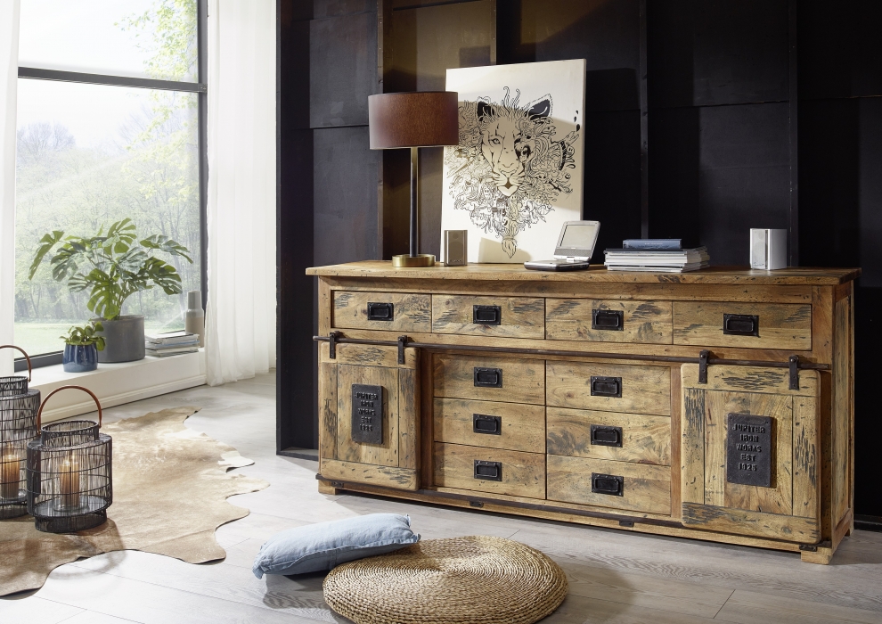 Sideboard Kommode 200 x 90 x 45 Mangoholz massiv mit Holzschiebetür + Schubladen NORIK itemprop=