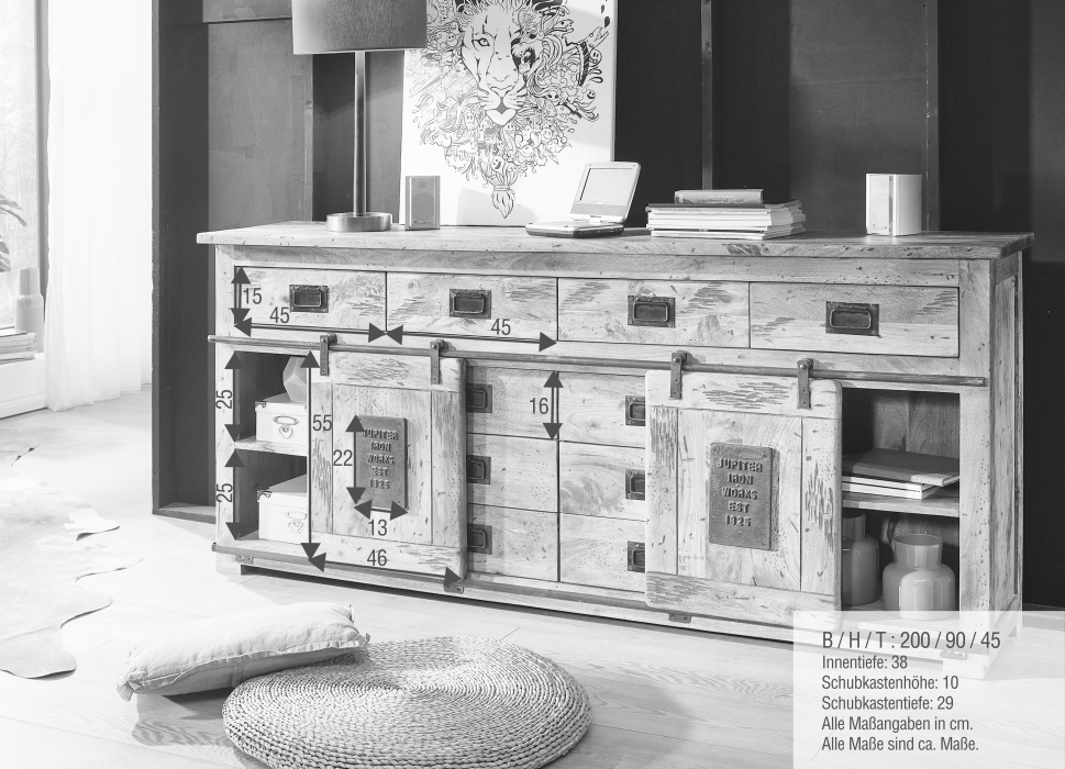 Sideboard Kommode 200 x 90 x 45 Mangoholz massiv mit Holzschiebetür + Schubladen NORIK itemprop=