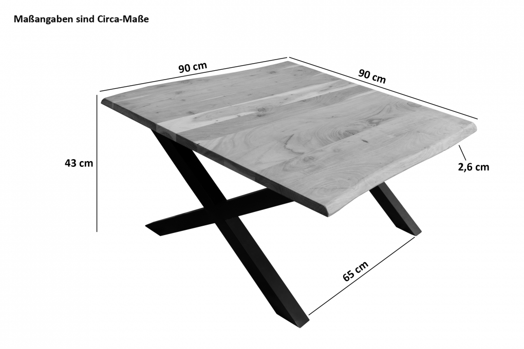 Couchtisch Baumkante 90x90 cm Akazie Nussbaumfarben schwarz X-Gestell itemprop=