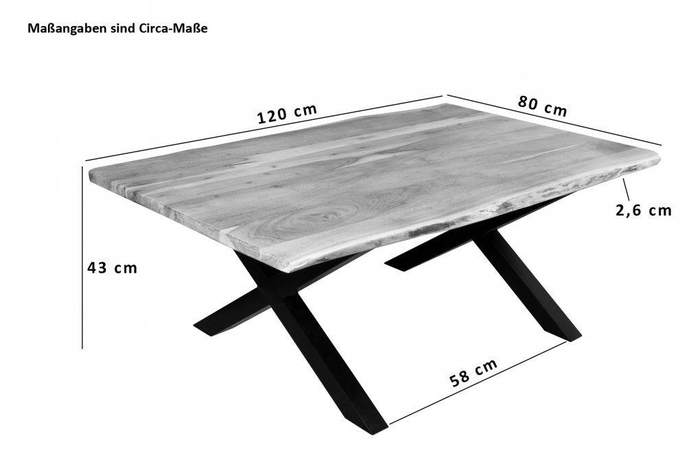 Couchtisch Baumkante 120x80 cm Akazie Nussbaumfarben schwarz X-Gestell itemprop=