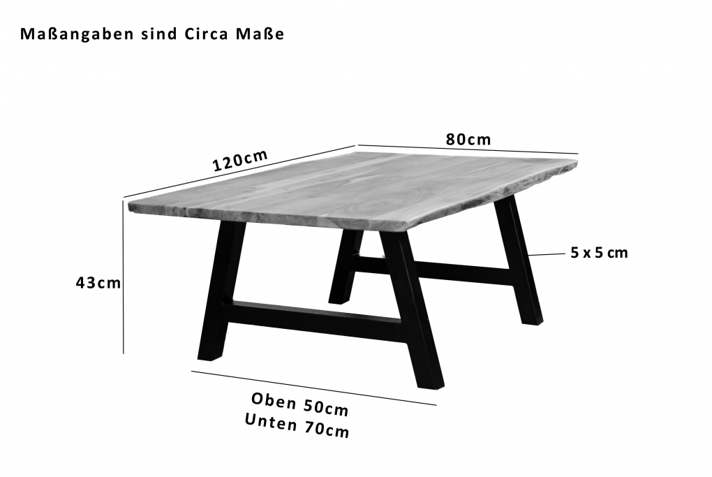 Couchtisch Baumkante 120x80 cm Akazie Naturfarben schwarz A-Gestell itemprop=