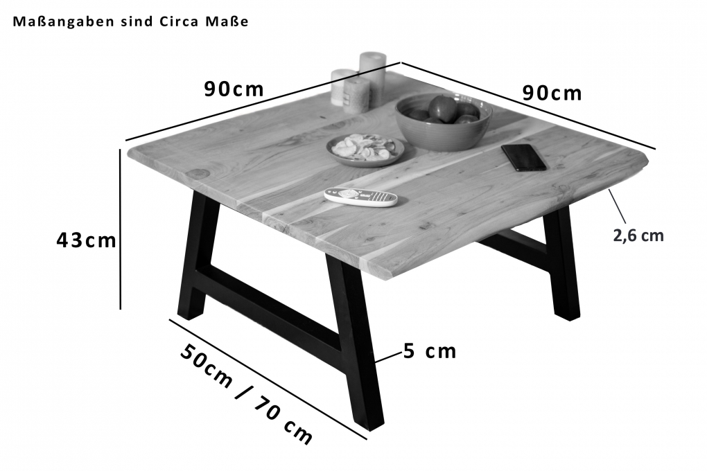 Couchtisch Baumkante 90x90 cm Akazie Naturfarben schwarz A-Gestell itemprop=