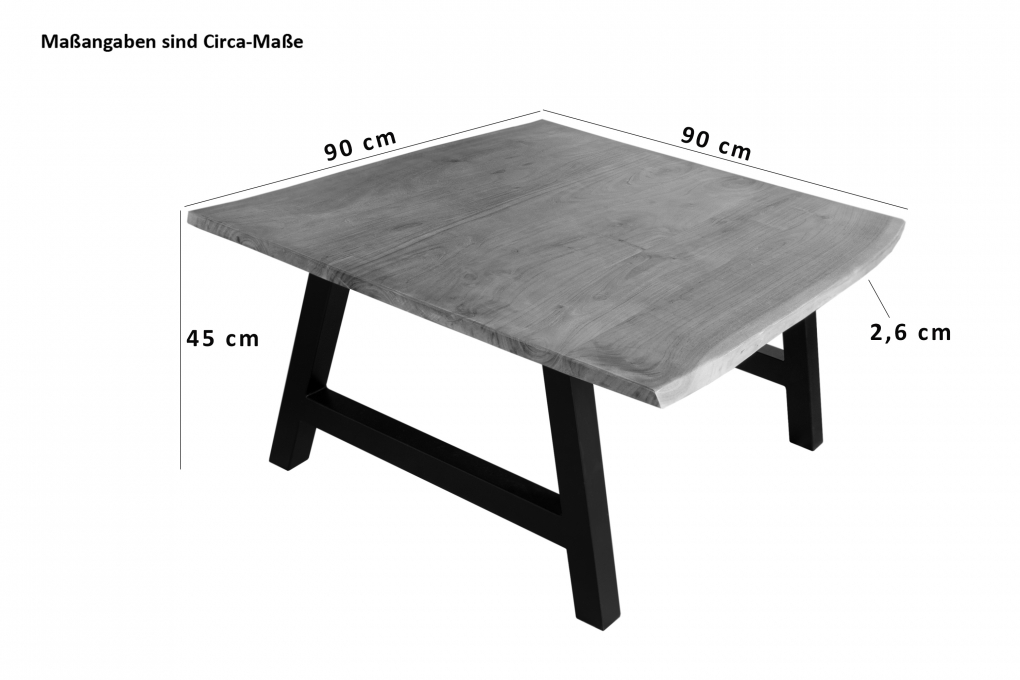 Couchtisch Baumkante 90x90 cm Akazie Nussbaumfarben schwarz A-Gestell itemprop=