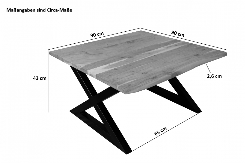 Couchtisch Baumkante 90x90 cm Akazie Nussbaumfarben schwarz X-Gestell geschlossen itemprop=