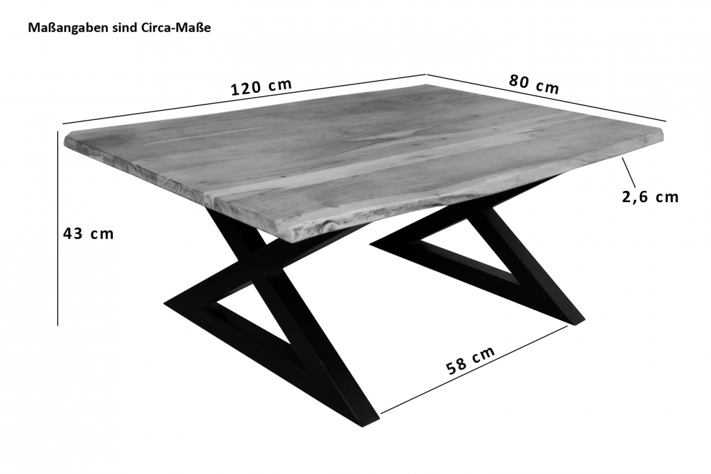 Couchtisch Baumkante 120x80 cm Akazie Naturfarben schwarz X-Gestell geschlossen itemprop=