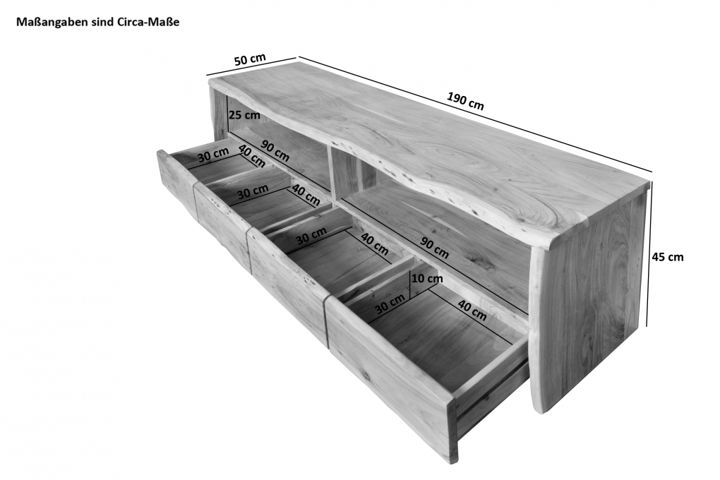 Lowboard TV-Board 190 x 45 x 50 cm Akazienholz massiv naturfarben DAHLIA itemprop=