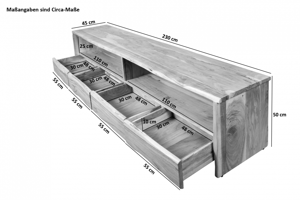 Lowboard TV-Board 230 x 45 x 50 cm Akazienholz massiv naturfarben DAHLIA itemprop=