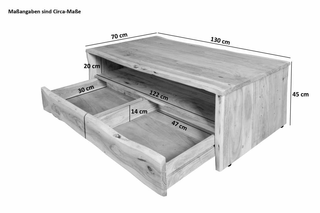 Couchtisch mit Ablage Akazie massiv 130 x 70 x 45 cm naturfarben DAHLIA itemprop=