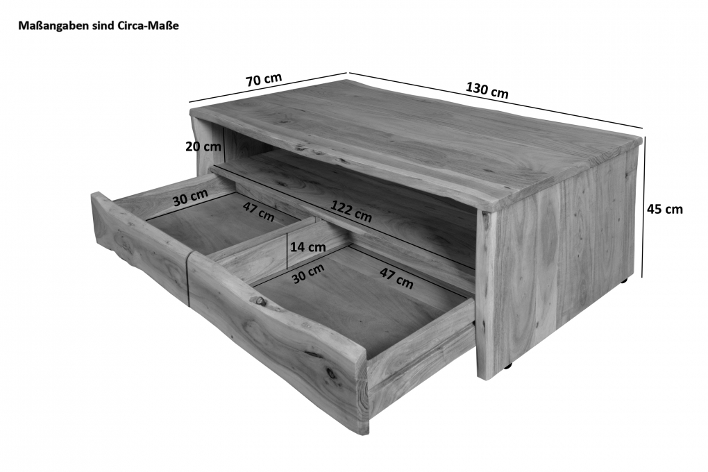 Couchtisch mit Ablage Akazie massiv 130 x 70 x 45 cm nussbaumfarben DAHLIA itemprop=