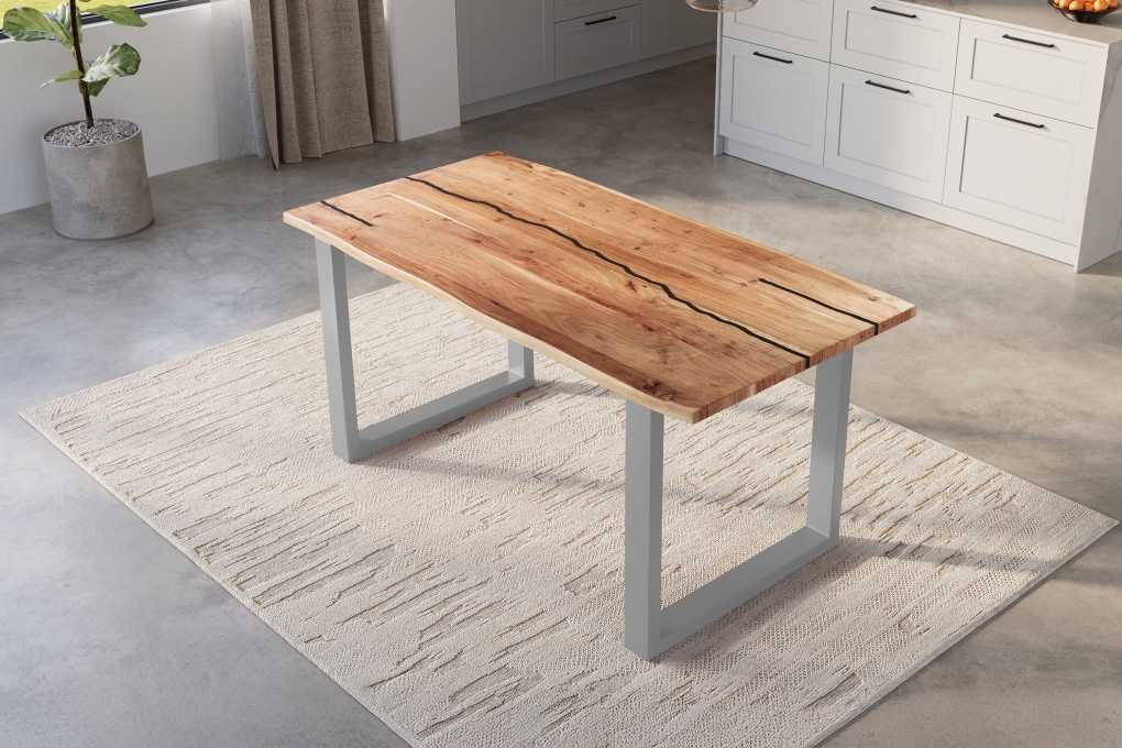 Baumkantentisch Akazie mit schwarzen Resin-Adern naturfarben 180 x 90 cm U-Gestell silber POLLY itemprop=