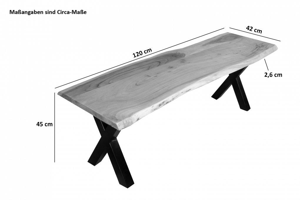 Sitzbank Baumkante 120 cm natur massiv Akazie X-Gestell schwarz itemprop=