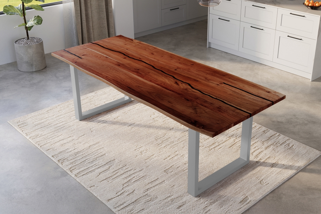 Baumkantentisch Akazie mit schwarzn Resin-Adern nussbaumfarben 280 x 100 cm U-Gestell silber POLLY itemprop=