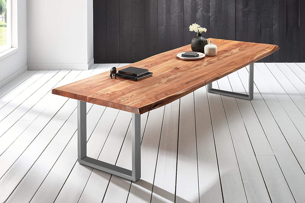  Esstisch Baumkante massiv Akazie natur 260 x 120 silber VALIN itemprop=
