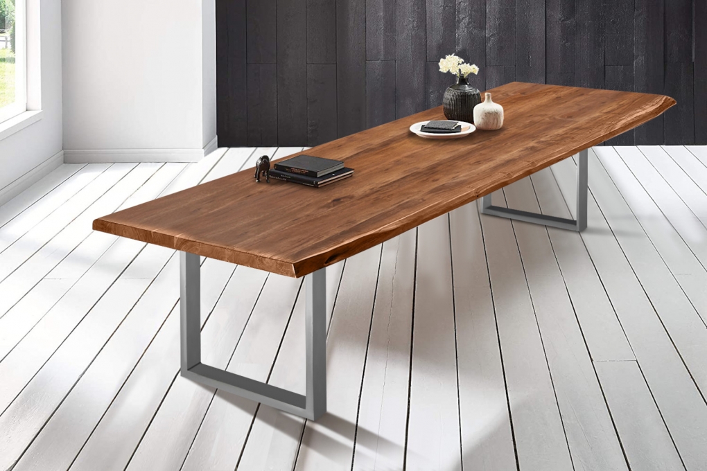  Esstisch Baumkante massiv Akazie nussbaumfarben 300 x 120 silber VALIN itemprop=