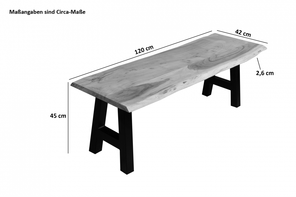 Sitzbank Baumkante 120 cm natur massiv Akazie A-Gestell schwarz itemprop=