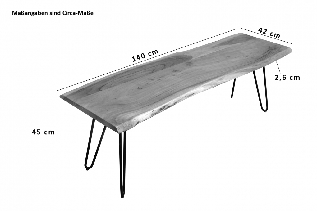 Sitzbank Baumkante 140 cm natur massiv Akazie Hairpin-Gestell schwarz itemprop=