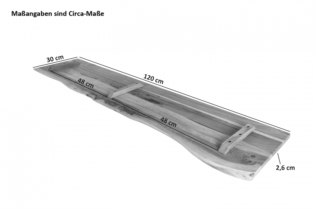 Holzplatte Arya mit echter Baumkante (einseitig), 120 x 30 cm, Akazienholz naturfarben, massiv & lackiert itemprop=