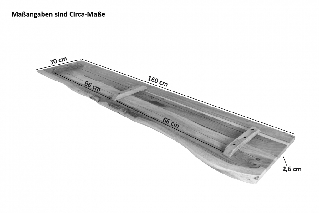Holzplatte Arya mit echter Baumkante (einseitig), 160 x 30 cm, Akazienholz naturfarben, massiv & lackiert itemprop=