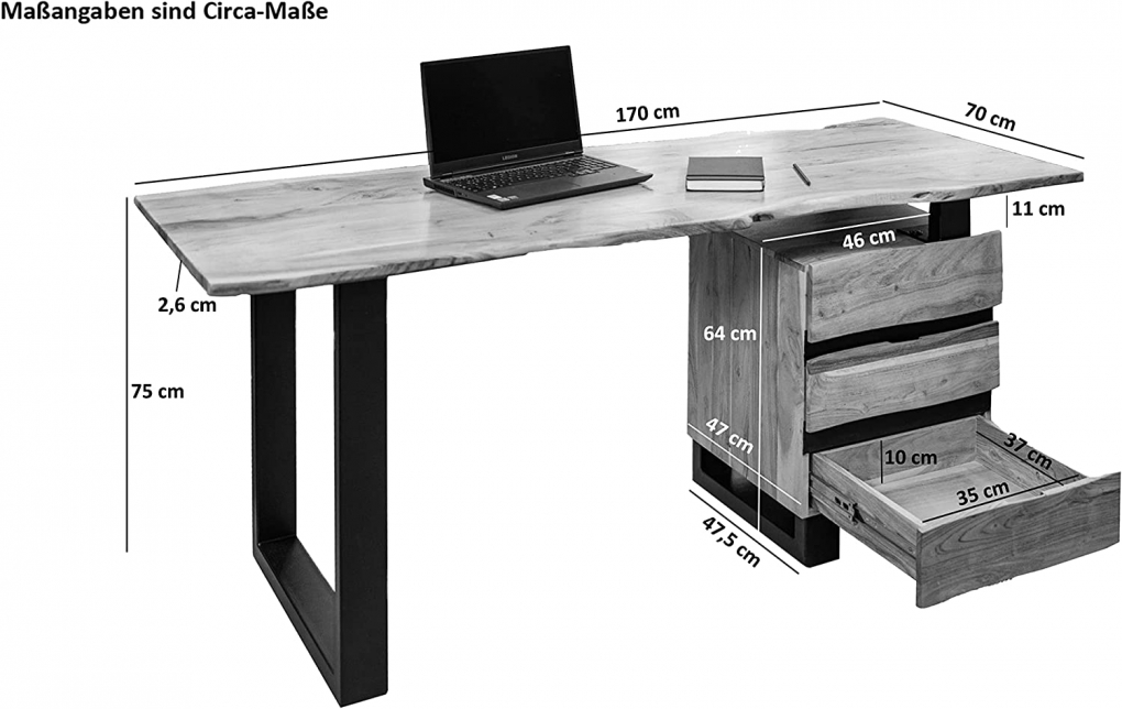 Baumkante Schreibtisch massiv Akazie natur 170 x 76 schwarz Nara itemprop=