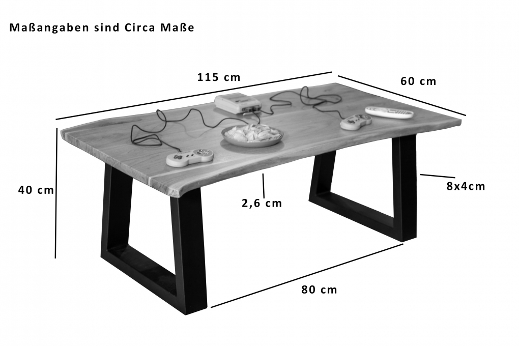 Couchtisch Baumkante mit Trapez-Metallgestell Akazie massiv 115 x  60 cm naturfarben APRIL itemprop=