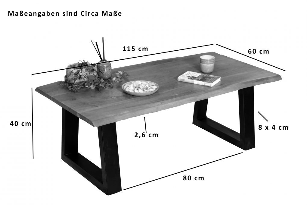 Couchtisch Baumkante mit Trapez-Metallgestell Akazie massiv 115 x  60 cm nussbaumfarben APRIL itemprop=
