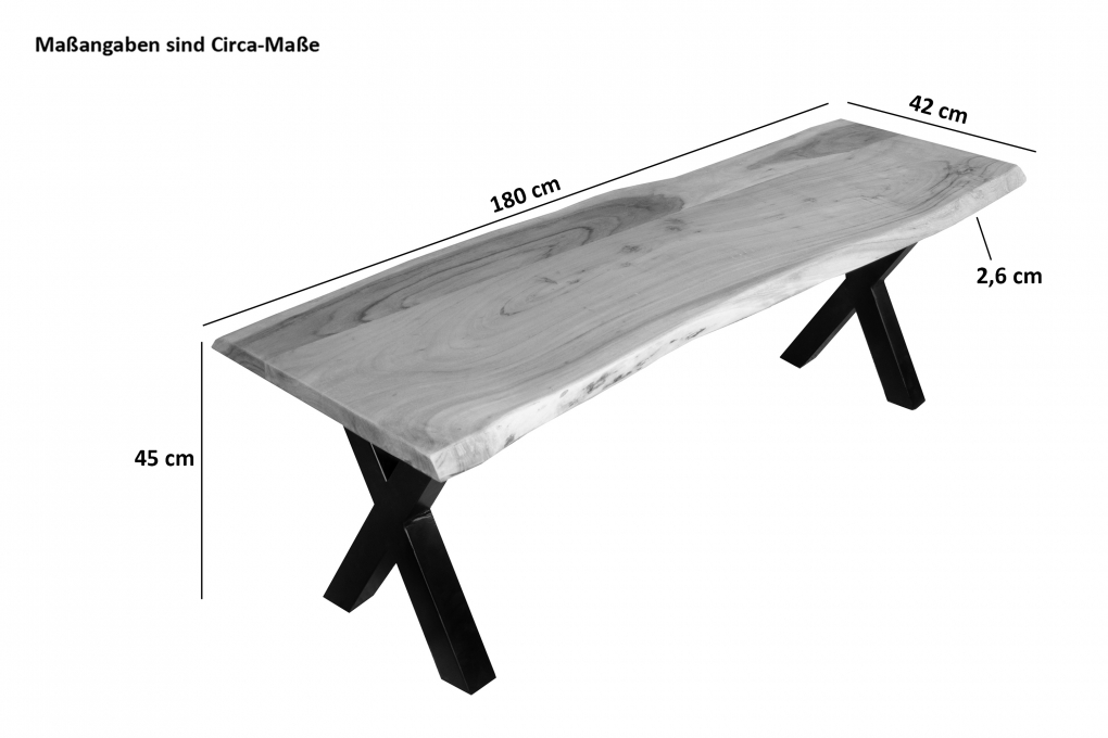 Sitzbank Baumkante 180 cm natur massiv Akazie X-Gestell schwarz itemprop=