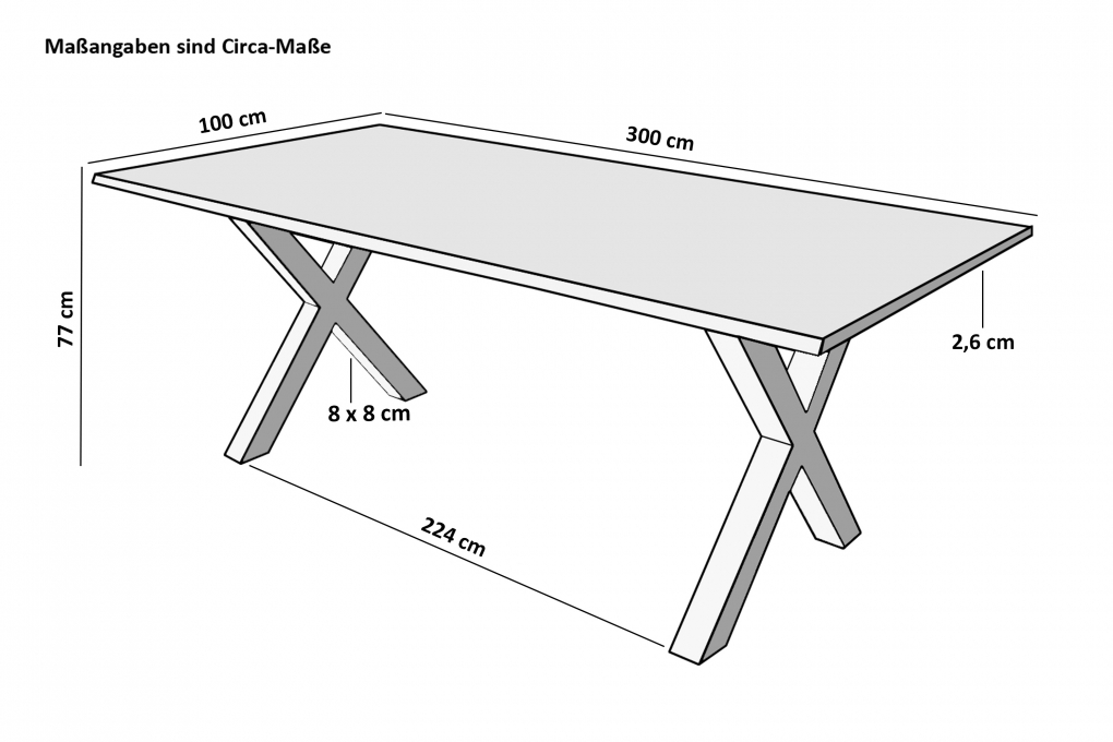 Esstisch 300 x 100 cm Akazie massiv naturfarben gerade Kante X-Gestell PALERMO itemprop=