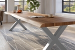 Esstisch Baumkante massiv Akazie natur 300 x 120 X-Gestell Metall silber TITAN