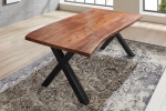 Esstisch Baumkante massiv Akazie nuss 120 x 80 X-Gestell schwarz XANTEN