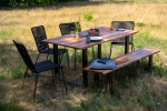 Outdoor-Tischgruppe Baumkante 6tlg Akazie massiv mit Bank + 4 Stühlen U-Gestell schwarz AVILA