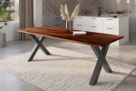 Baumkantentisch Akazie mit schwarzen Resin-Adern nussbaumfarben 260 x 100 cm X-Gestell schwarz POLLY