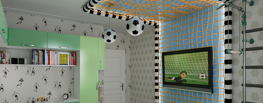 Mit einer Torwand, Bällen und Motto-Tapete einfach ein Fußball-Zimmer für Kinder gestalten