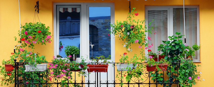 Inspiration: Ein florales Metallgeländer, üppige Pflanzenpracht und eine leuchtend gelbe Wand zeichnen den Stil dieses Balkons aus