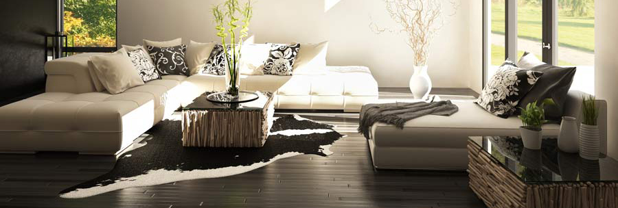Wohnzimmer mit Eyecatchern: Möbel aus Zweigen und ein Kuhfell ergeben einen harmonischen Stilmix mit der cremefarbenen Eckcouch
